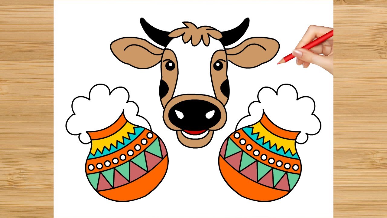 Cow face drawing easy - Pongal pot drawing with cow face easy for mattu pongal 2026 - happy pongal