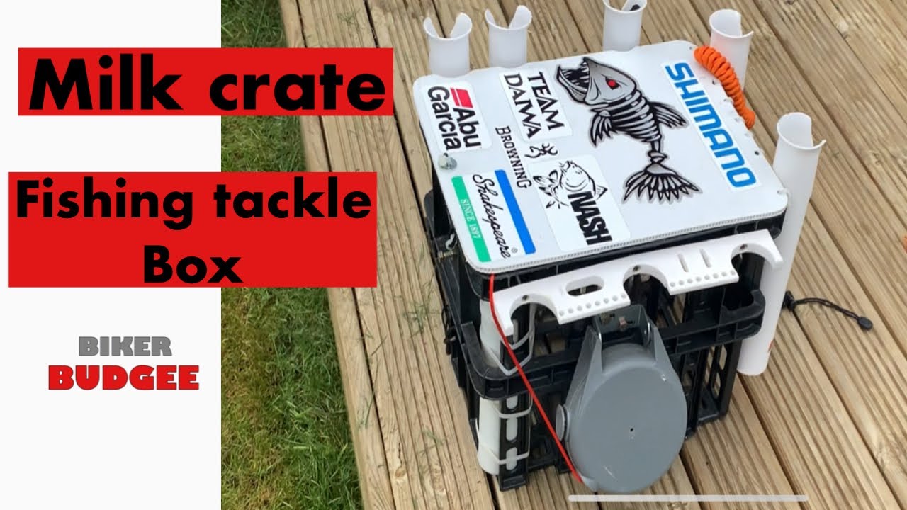 Milk crate fishing tackle box with rod holders and anchor/ sib, rib,paddle  board, boat, or kayak 