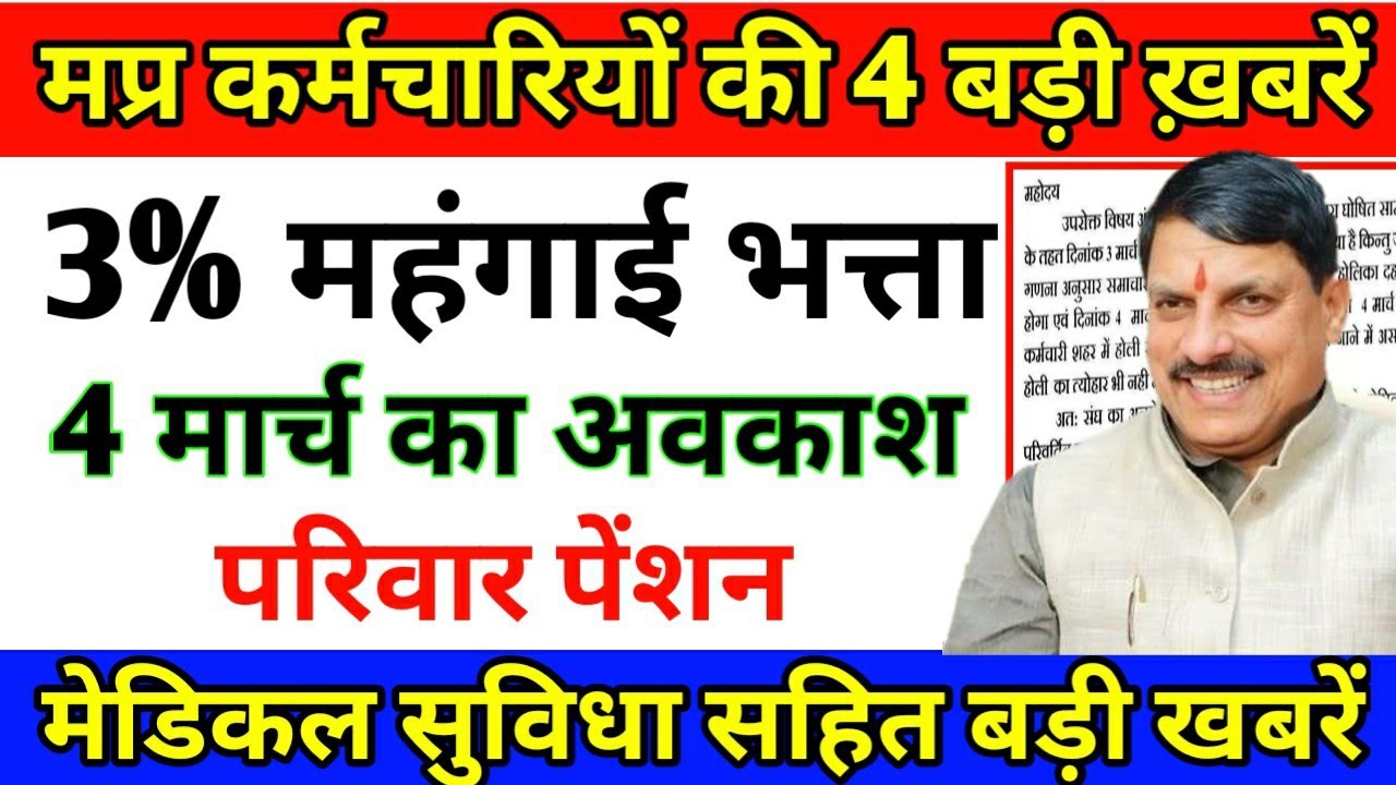 मप्र कर्मचारियों की 4 बड़ी खबरें। 3% महंगाई भत्ता | 4 मार्च का अवकाश घोषित करने | परिवार पेंशन