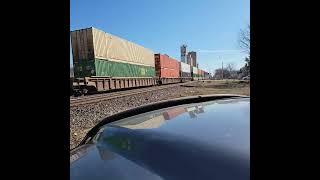 Union Pacific double stacker flying through Morrison il.