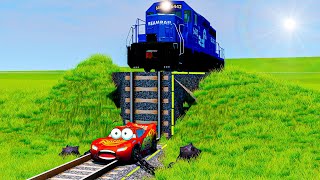Big Train Falls on Lightning McQueen - Pixar Cars vs Train
