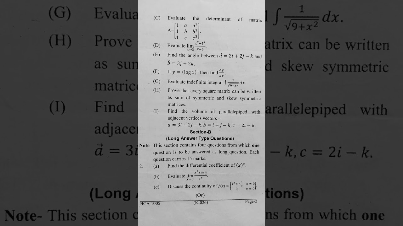 MATHEMATICS - 1|| BCA SEM - 1 || Code - 1005 || Question Paper || 2023 -24