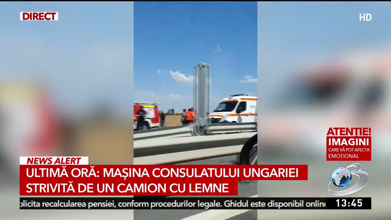 Accident grav: Mașina Consulatului Ungariei a fost strivită de un camion cu lemne