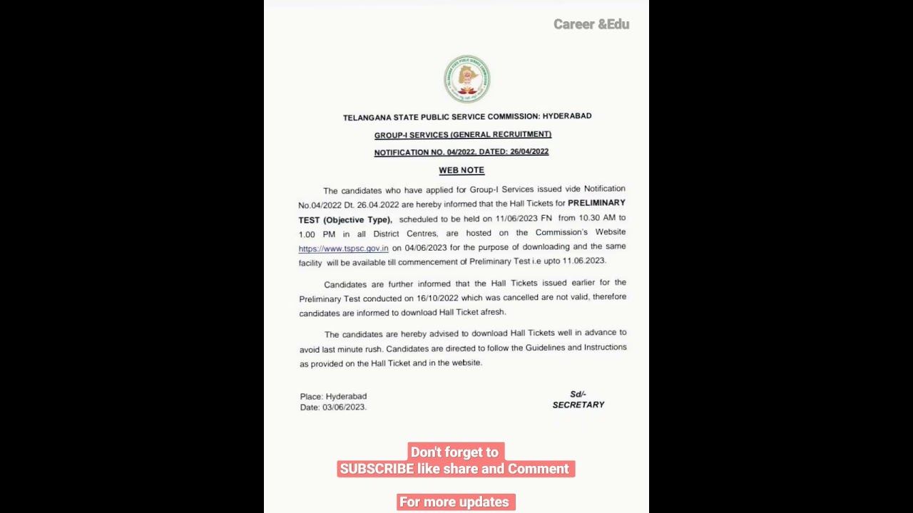 TSPSC Group-1 Preliminary exam hallticket released 👆 