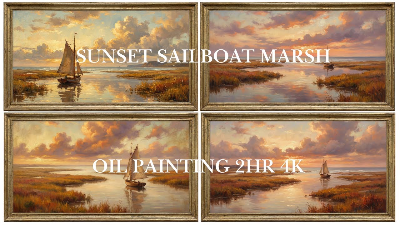 Framed Sunset Sailboat Marsh Oil Painting 4K (2HR) – Golden Sky & Calm Reflections | Relaxing TV Art