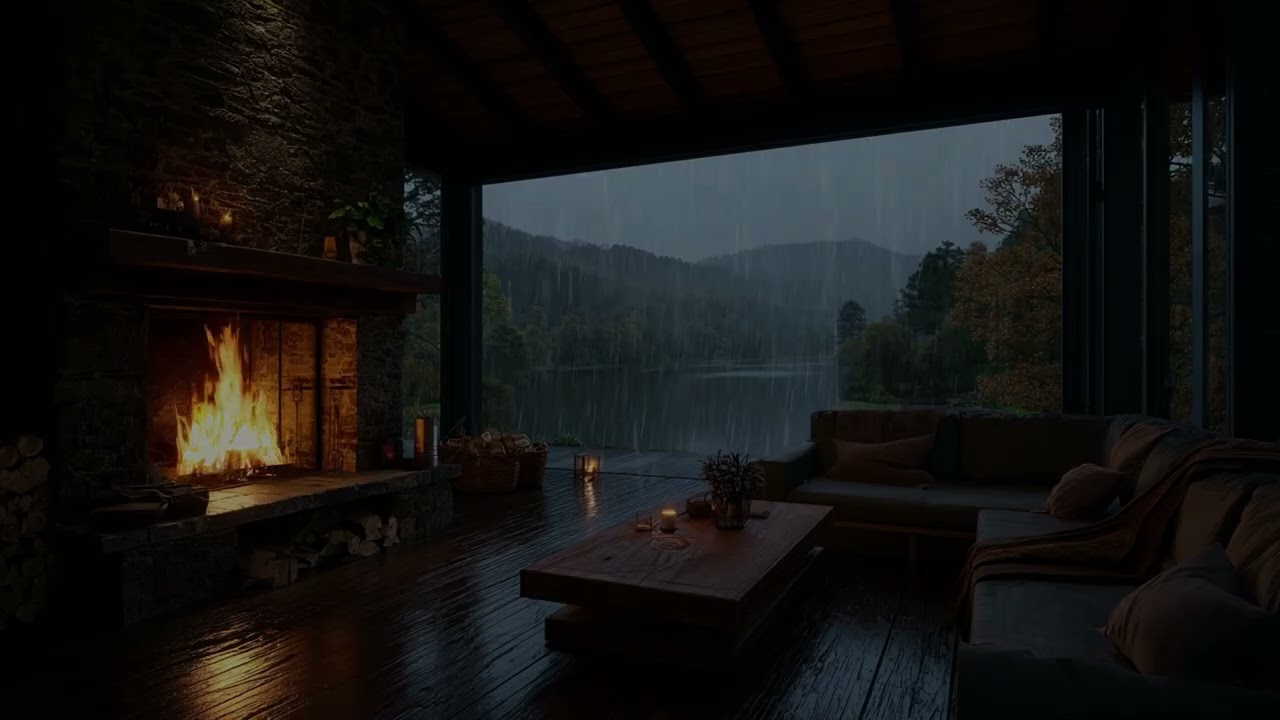 Night Rain and Thunder Sounds | Warm Cabin Fireplace for Sleep & Focus