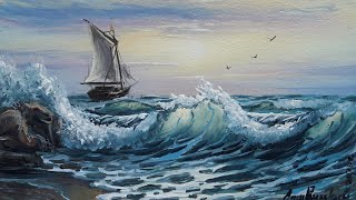 Vintage Sailboat Painting / Seaside Painting / Simple Wave Painting. Paint marina art, SV Wow Art