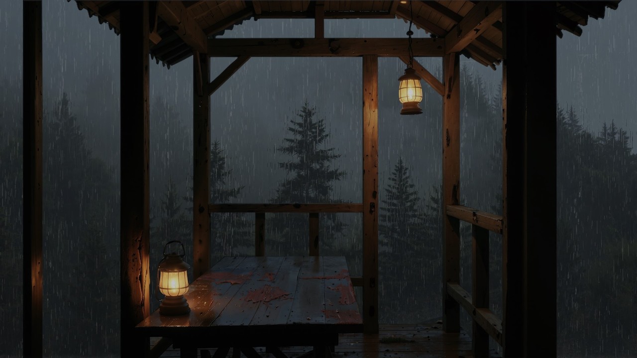 Peaceful as night falls - Gentle rain and thunder on a small balcony