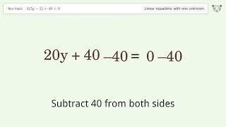 Linear equation with one unknown: Solve 4(5y-2)+48=0 step-by-step solution