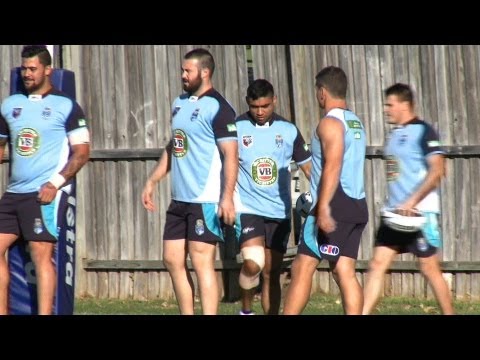 NSW VB Blues recruits Nathan Merritt and Aaron Woods have joined the squad for their first training run ahead of next Wednesday's Holden State of Origin matc...