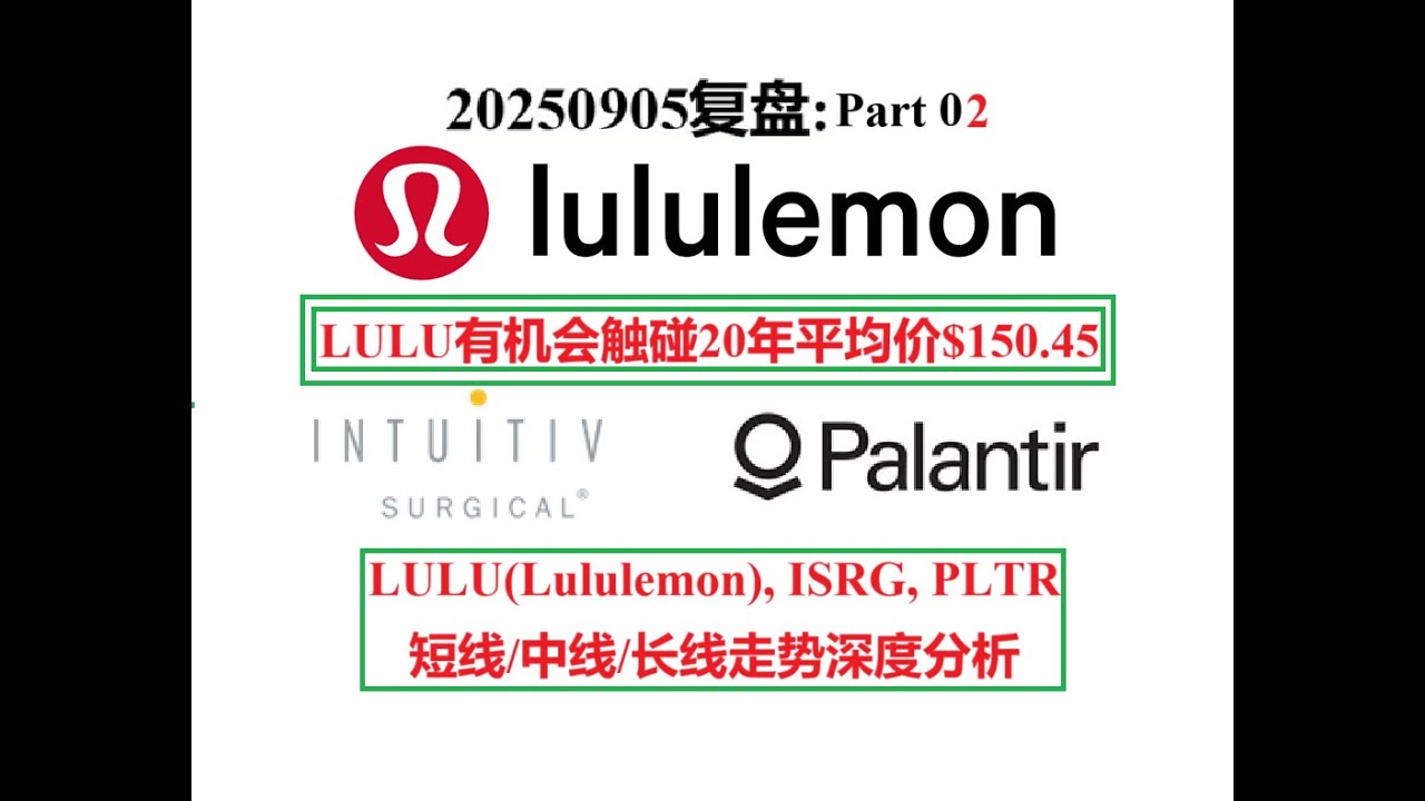 20250905复盘Part 2: LULU(Lululemon), ISRG, PLTR 短线/中线/长线走势深度分析.  LULU有机会触碰20年平均价$150.45 - YouTube