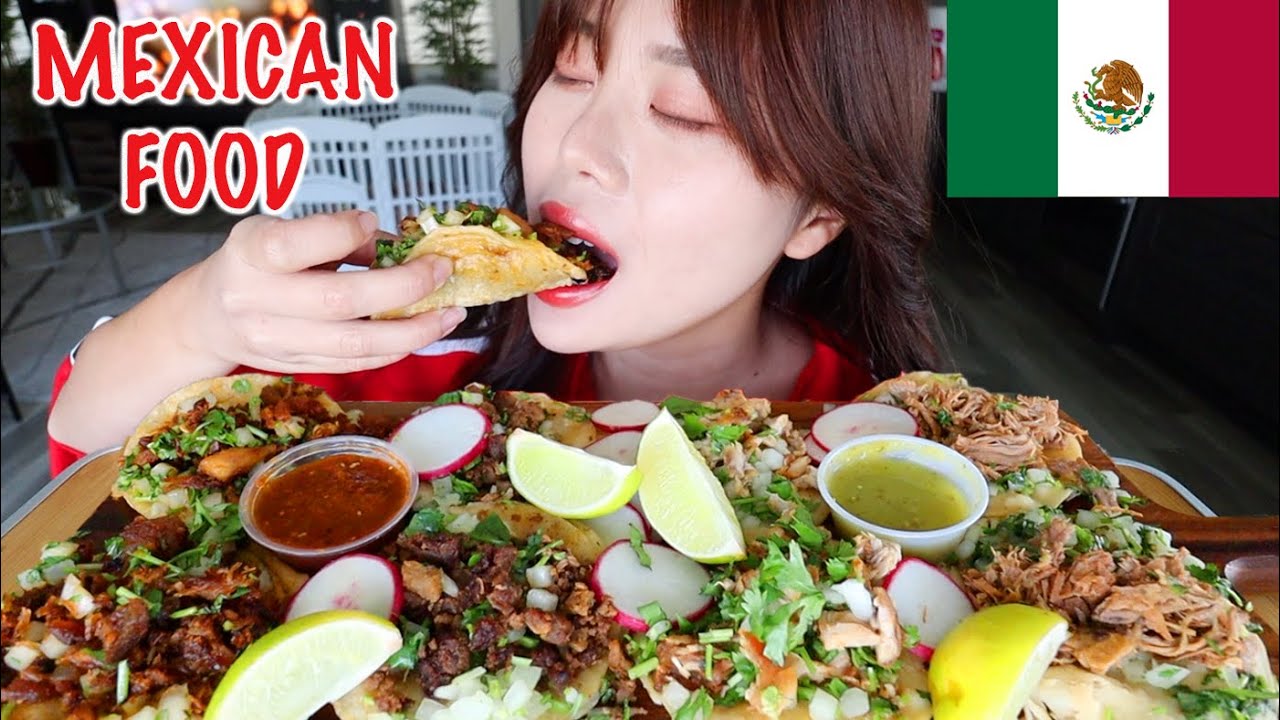 MEXICAN FOOD MUKBANG 먹방  STREET TACOS Carnitas, Al Pastor, Carne Asada, Pollo Chicken