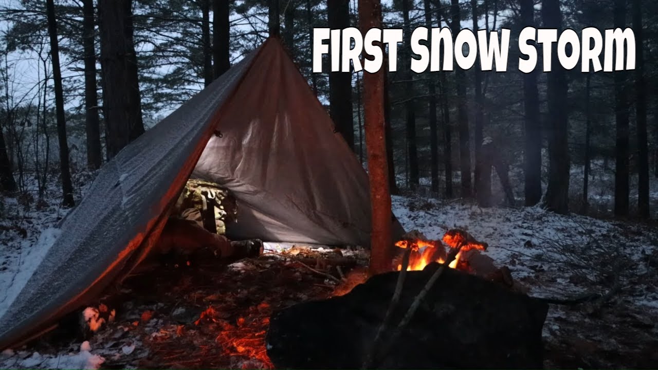 Winter Tarp Shelter Camping in a Snow Storm - Chicken Campfire Cooking ...