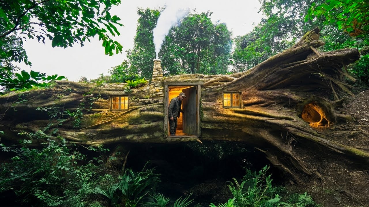 Build the Perfect Shelter Inside the Trunk of that Giant Fallen Oak Tree| Bushcraft in the wilds