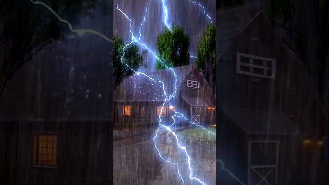 Thunder rumbles and lightning flashes during heavy rain. 