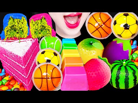 ASMR Rainbow Dubai Chocolate Basketball Jelly Mochi 무지개 두바이 초콜릿 과일 <strong>화과자</strong> 농구공 젤리 먹방 Mukbang, Eating