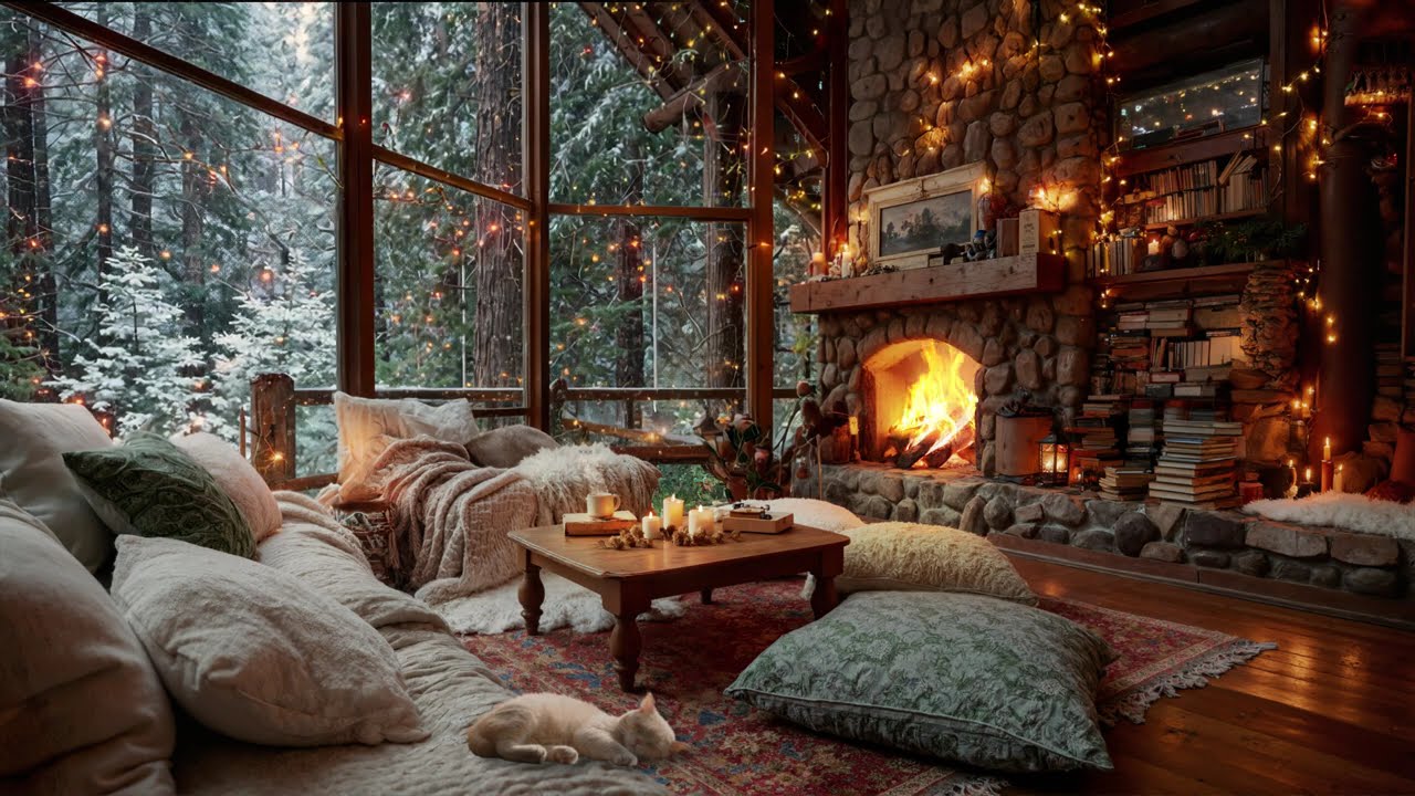 Tranquil Winter Jazz ⛄ Warm Cabin Space with Fireplace For A Gentle & Unwind Day