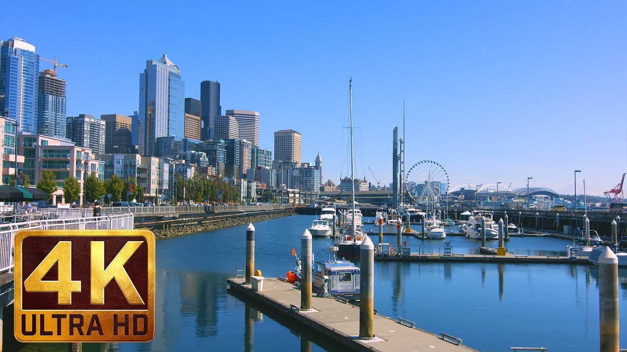 5 Hours - City Relaxation 4K Video   Downtown of Seattle  - Waterfront Park