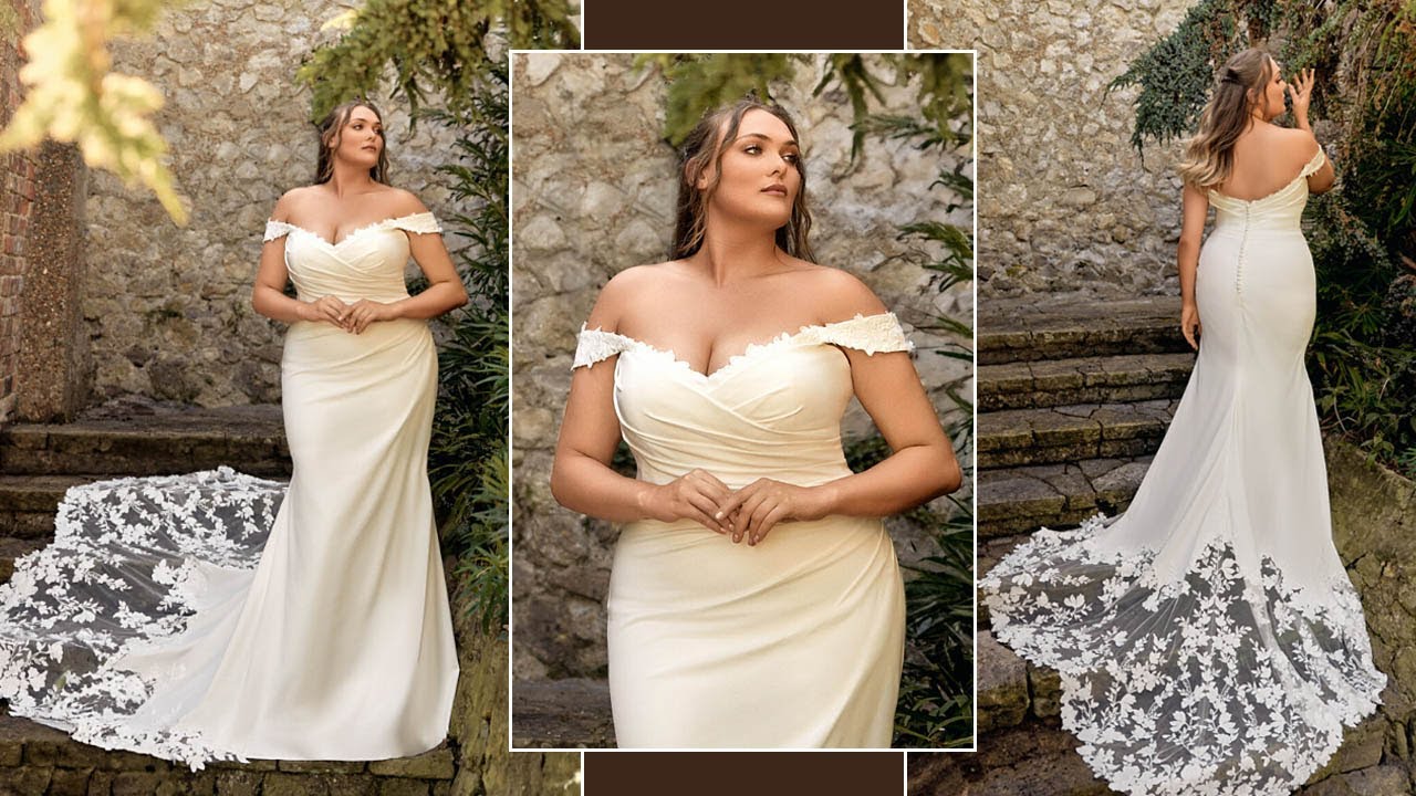Tabitha classic fishtail off the shoulder straps scalloped petal cut train pleats very flattering