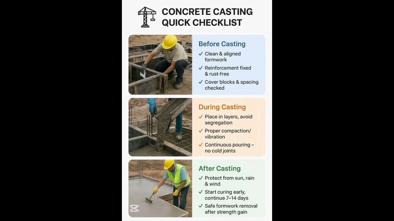 Basic knowledge for civil engineering | Concrete casting Quick Checklist | 