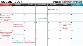 August 2024 Calendar with Holidays and Observances (All) #holiday #calendar #august thumbnail