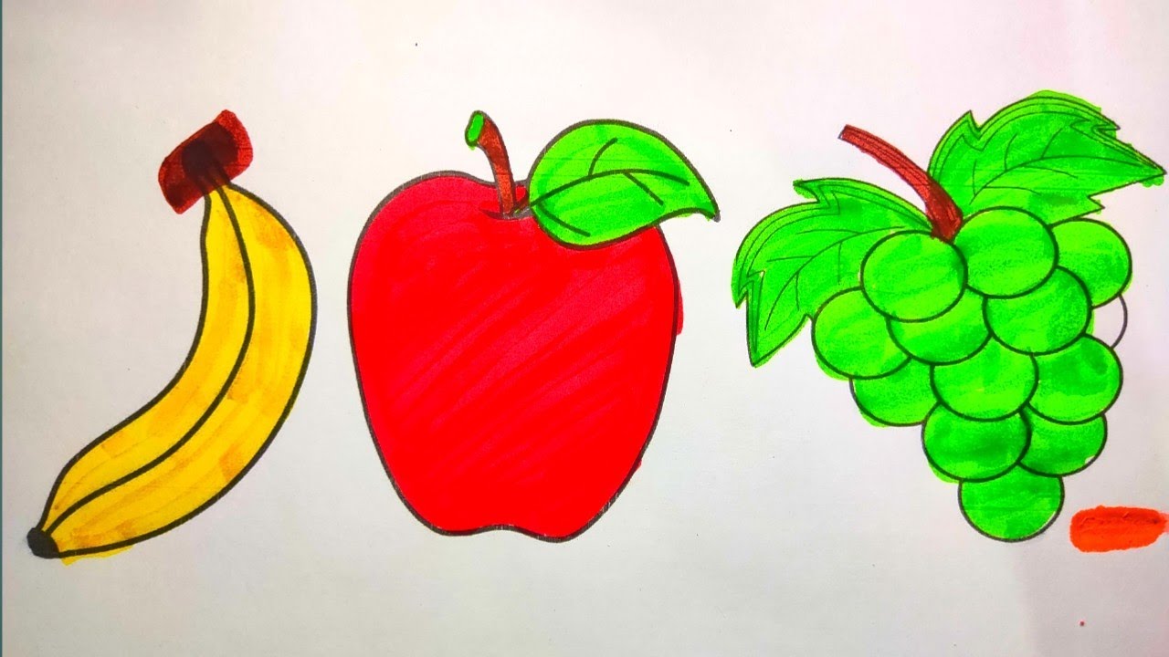 Learn fruits, how to draw fruits Coloring for kids, सेब अंगूर केला कैसे