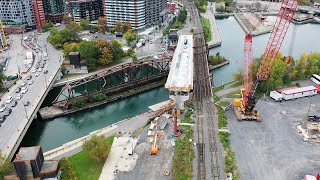 Drone footage of REM construction in Pointe-St-Charles and downtown Montreal