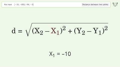 Find the distance between two points p1 (-10,-60) and p2 (-88,-3): Step-by-Step Video Solution