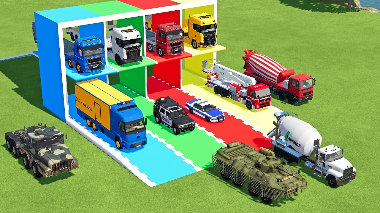 TRANSPORTING MERCEDES MINI BUS, VOLKSWAGEN POLICE, FORD POLICE, MERCEDES FIRE TRUCK TO GARAGE | FS22