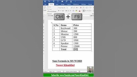 How to Insert SUM Formula in a Table in MS WORD