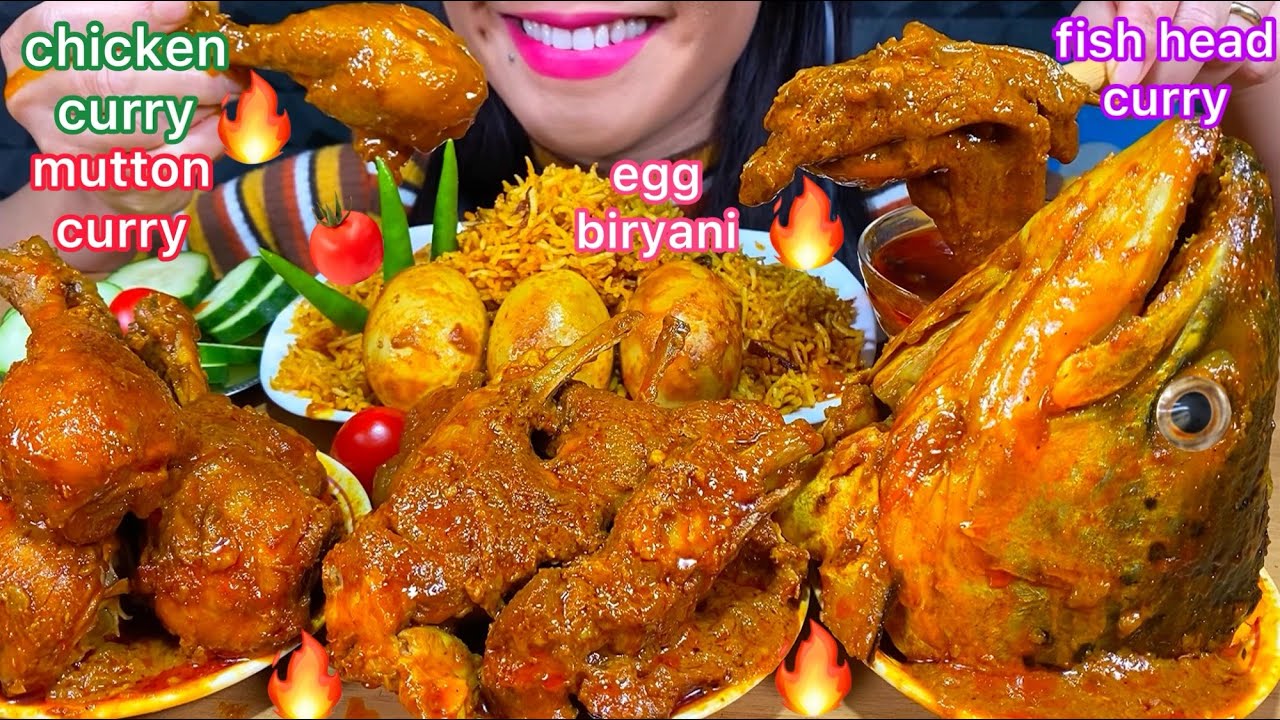 ASMR SPICY EGG BIRYANI, MUTTON CURRY, CHICKEN CURRY, FISH HEAD CURRY MASSIVE Eating Sounds