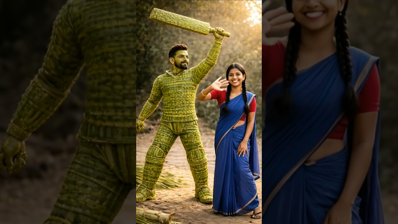 girl 👧making virat Kohli with the 🌴 palm leaves (wood Kohli). 