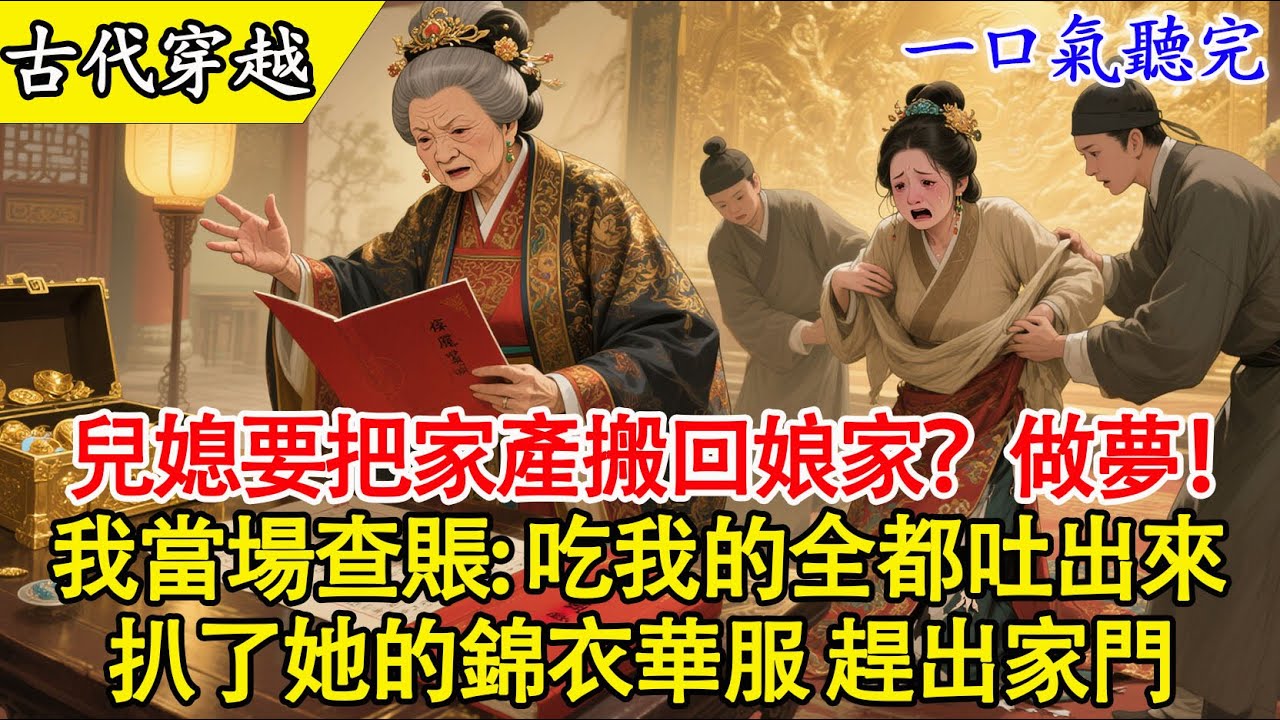 【一口氣聽完】一覺醒來，竟成了忠勇侯府剛死老公的老夫人！還沒等我適應這身榮華富貴，院子裡的一幕差點沒把我氣笑。只見我那便宜兒媳婦沈月娘，正指揮著十幾個壯漢，把侯府庫房裡的金條、古董往馬車上搬#穿越