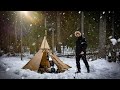 3 Days Solo Winter Hot Tent Camping, Sleep on Reindeer Skins, Usnea, Spoon Carving, ASMR