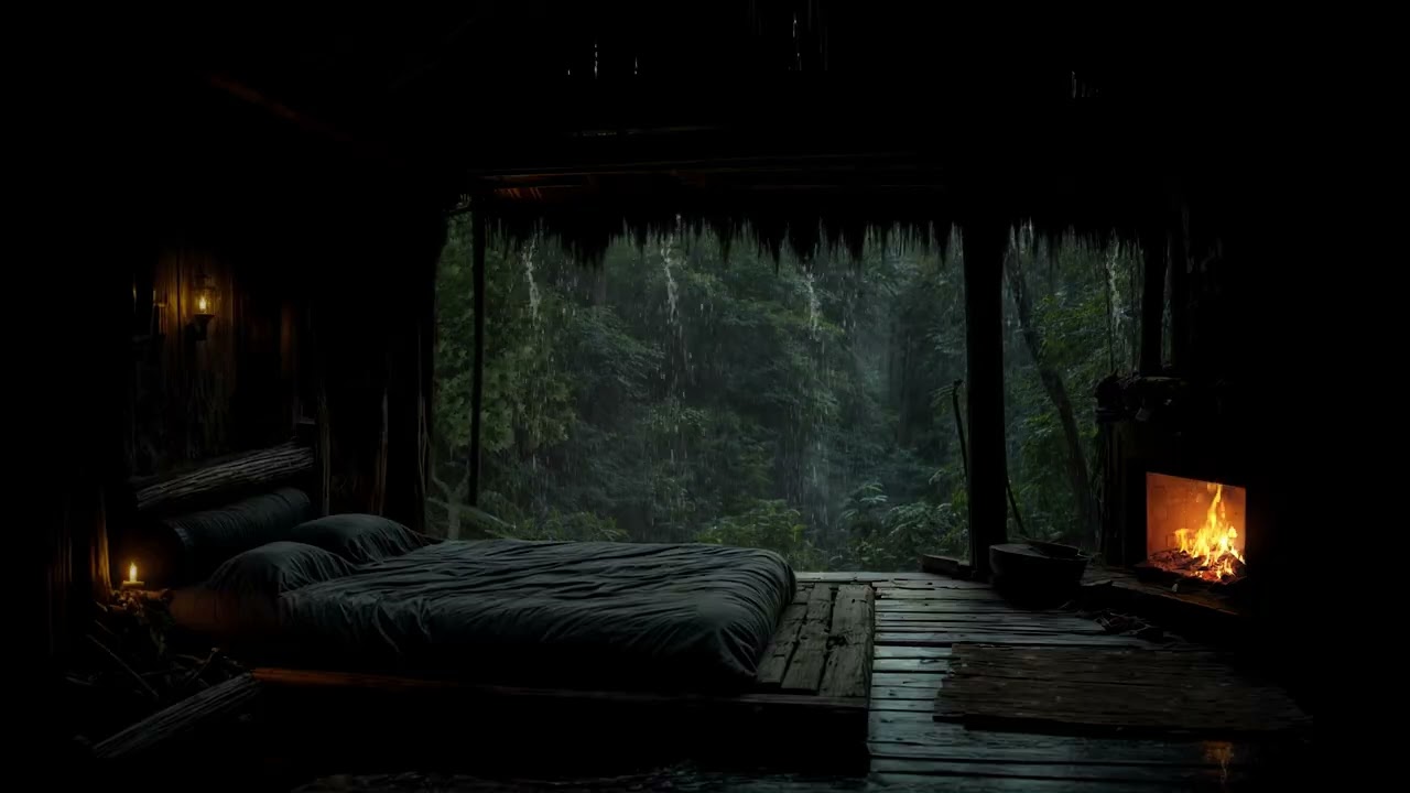 FALL ASLEEP FAST (No Ads) 😴🌧️ Heavy Forest Rain & Soft Thunder 🔥 Warm Fireplace for Mind Healing