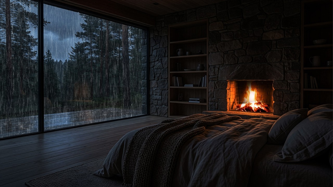 🌧️ Heavy Rain Sounds for Deep Sleep | Rainy Cabin Fireplace