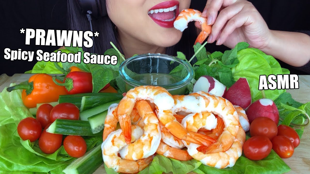 ASMR SPICY SEAFOOD SAUCE PRAWNS PLATTER (Eating Sounds) | Prawn Cocktail | No Talking ASMR Phan
