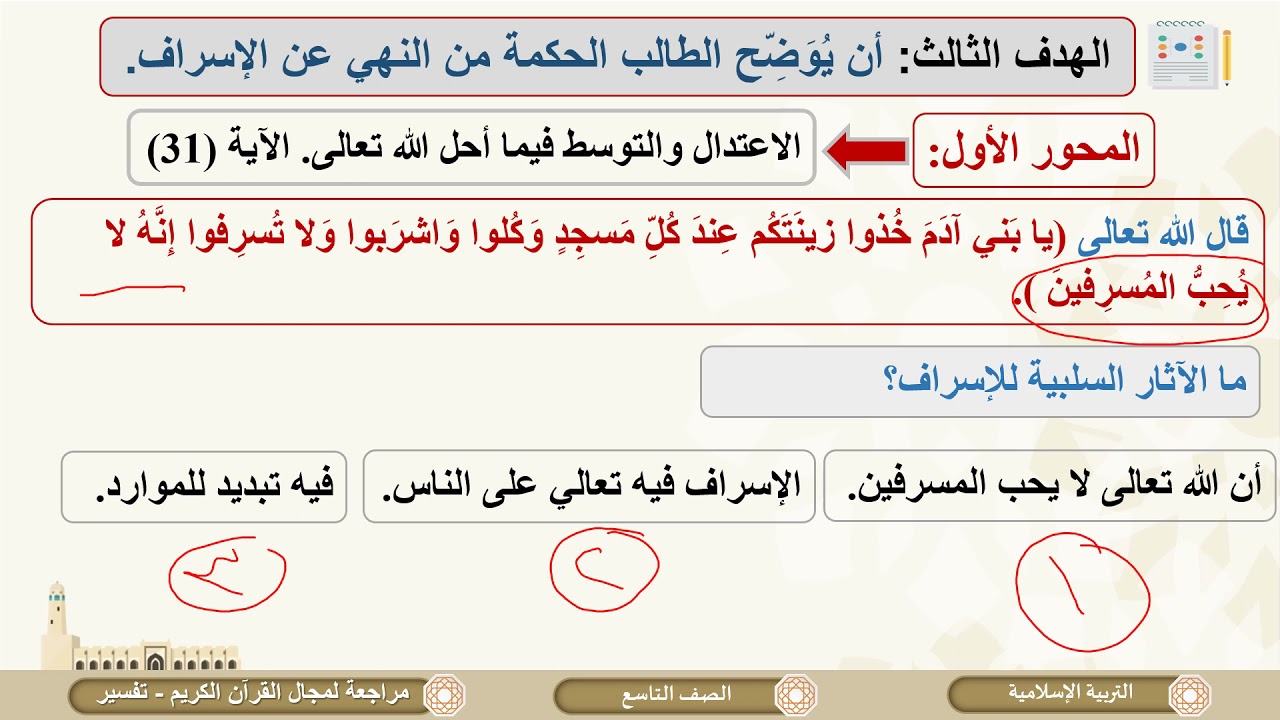 الصف التاسع   التربية الإسلامية   مراجعة الباب الثاني التفسير