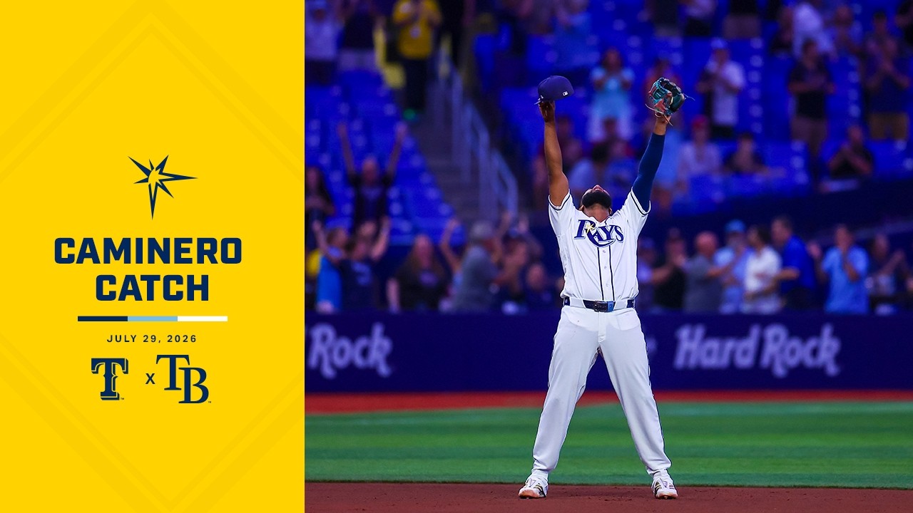 Junior Caminero leaps for the final out vs the Texas Rangers