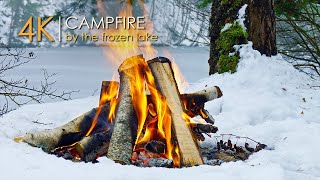 Campfire on Snow❄White Ambience by the Lake & Authentic Sound