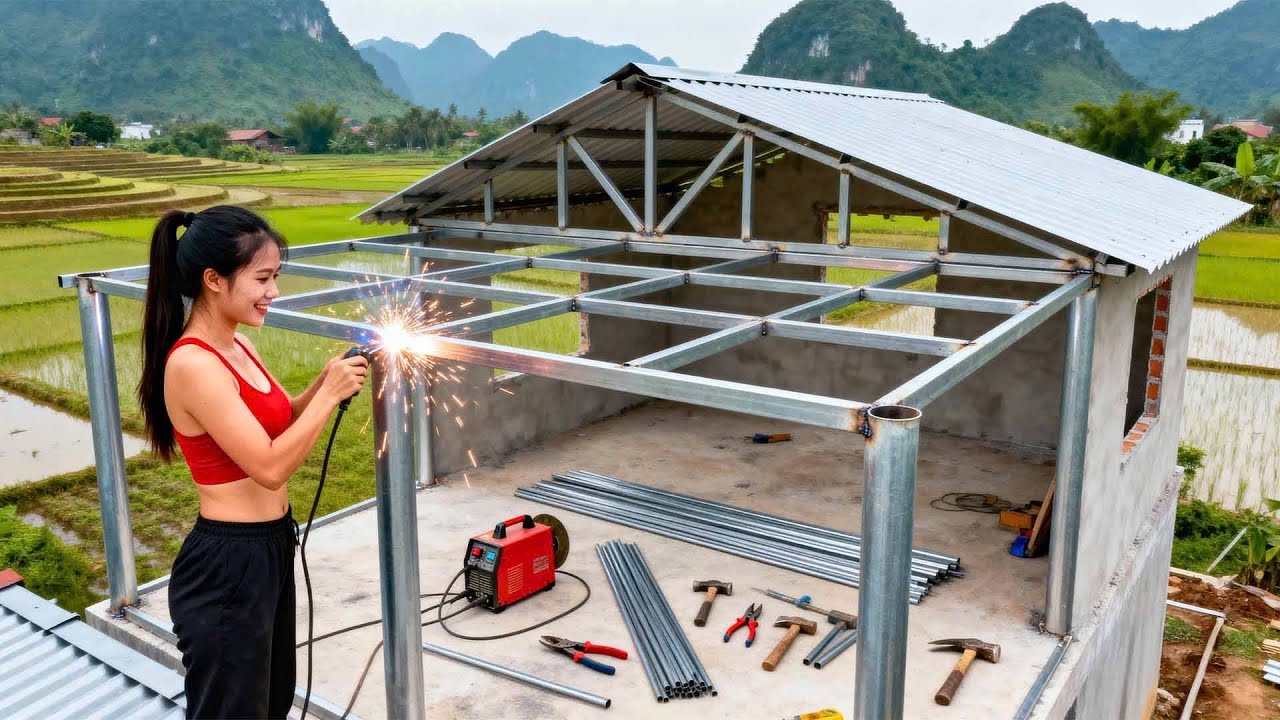 【建築DIY】鉄の棒と柱を溶接して鉄の小屋を作る | Welding Iron Bars and Pillars to Build a New Cabin Entirely Out of Iron