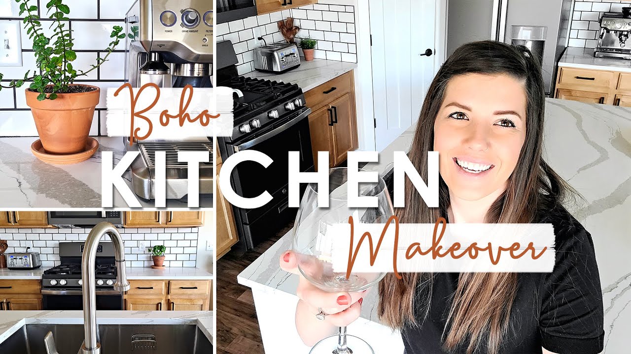 DIY BOHO KITCHEN MAKEOVER | Quartz, Subway Tile & Plants | Modern Décor & Updates | Before &