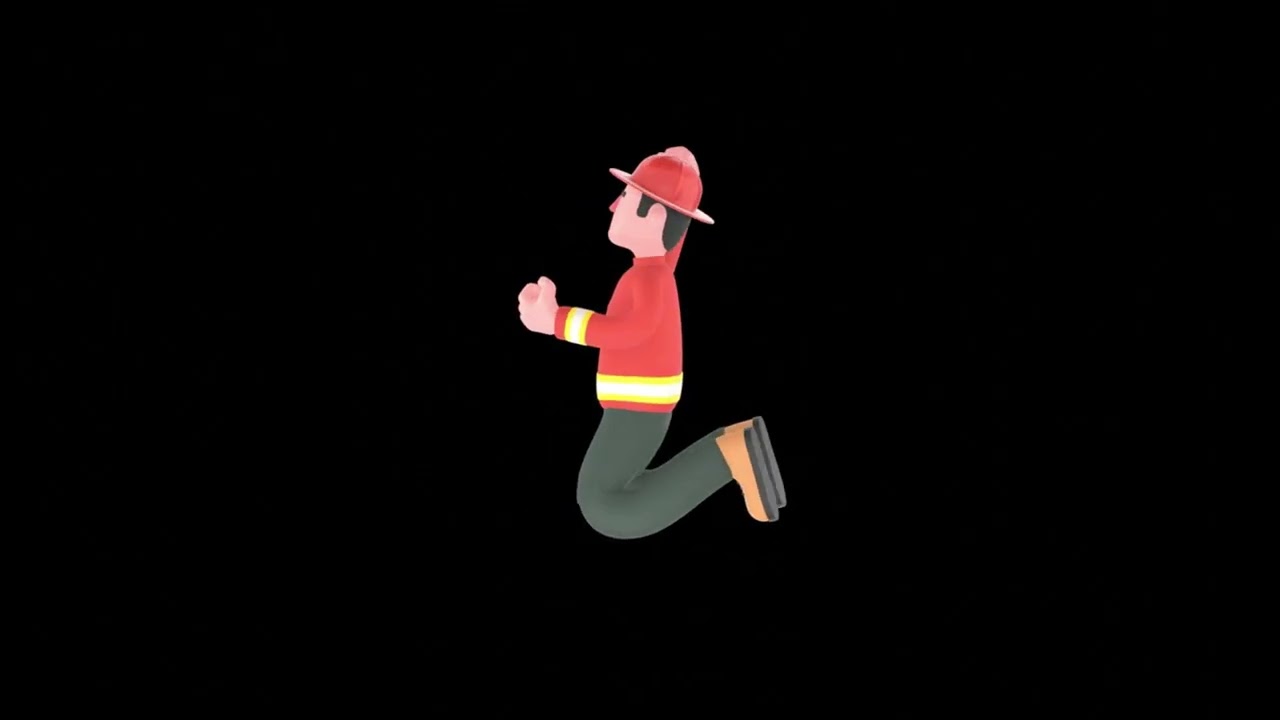 3D Cartoon Firefighter Male Character Turntable | Victory Kneel Pose