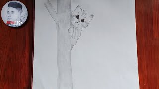 How To Draw A Cute Cat Peeking Behind The Tree Easy Pencil Tutorial