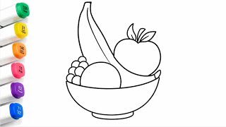 How to Draw a Fruit Bowl for Kids |Easy Banana, Apple, Grapes & Orange Drawing |Fruit Coloring Page