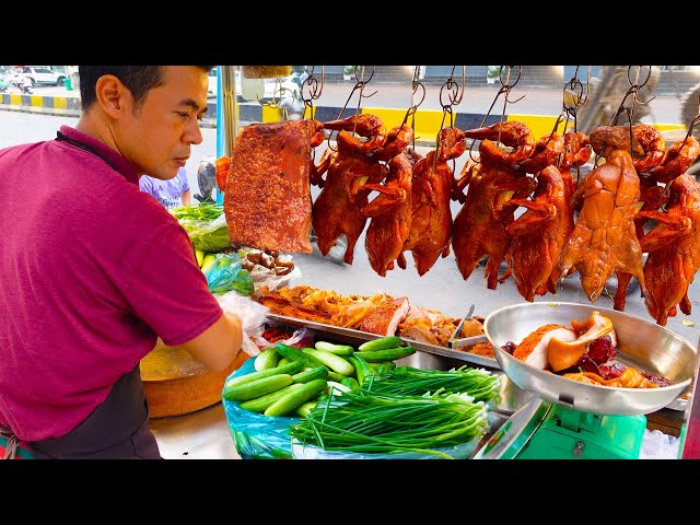 Try Not to Drool ! Amazing Crispy Pork Belly & Roasted Duck Chopping Skills! Cambodian Street Food class=