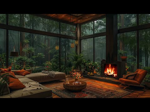 Cozy Luxury Living Room In Forest With Fireplace And Rain Sound | Healing Insomnia, Reduce Stress