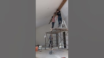 Installing accent beam to vaulted ceiling #homebuild #buildingourownhome #newhome #myhouseidea