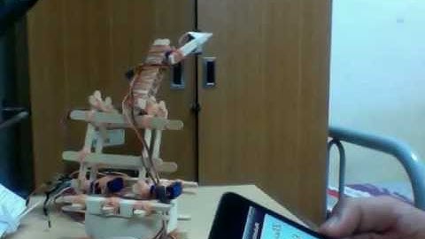 Robotic arm controlled by iPod touch using Redpark serial cable.