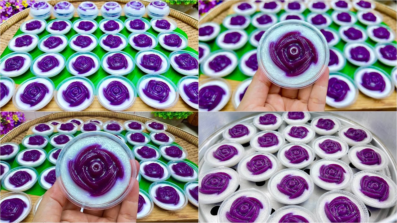 ขนมถ้วยมันม่วงดอกไม้ เหนียวนุ่มหนึบ หอมหวานมันอร่อยมาก สีสวย